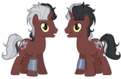 Size: 823x541 | Tagged: safe, artist:gihhbloonde, oc, oc only, pony, unicorn, base used, cuffs, duo, horn, interspecies offspring, male, offspring, parent:tirek, simple background, smiling, stallion, unicorn oc, white background