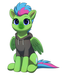 Size: 990x1200 | Tagged: safe, artist:luminousdazzle, luminous dazzle, pegasus, pony, 2022 community collab, derpibooru community collaboration, blue eyes, clothes, female, hoodie, looking at you, mare, simple background, sitting, smiling, smiling at you, solo, transparent background