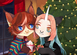 Size: 1800x1300 | Tagged: safe, artist:qawakie, oc, oc only, cat, cat pony, original species, pony, unicorn, bust, candy, candy cane, christmas, christmas tree, clothes, cup, drink, duo, food, holiday, horn, indoors, nose piercing, nose ring, piercing, smiling, tree, unicorn oc