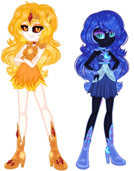 Size: 1280x1640 | Tagged: safe, artist:fantarianna, daybreaker, nightmare moon, equestria girls, g4, boots, clothes, dark sclera, duo, equestria girls-ified, ethereal mane, eyelashes, female, frown, grin, high heel boots, lidded eyes, shoes, siblings, simple background, sisters, skirt, smiling, starry mane, transparent background, younger