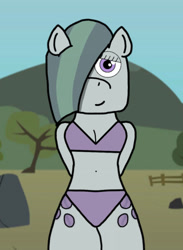 Size: 633x866 | Tagged: safe, artist:e-49, artist:liamrev, marble pie, earth pony, anthro, g4, arm behind back, belly button, bikini, both cutie marks, breasts, cleavage, clothes, female, hair over one eye, looking at you, midriff, sexy, smiling, smiling at you, solo, stupid sexy marble pie, swimsuit