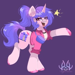 Size: 2048x2048 | Tagged: safe, artist:skyboundsiren, oc, oc only, pony, unicorn, clothes, colored hooves, fanny pack, high res, horn, jacket, smiling, solo, stars, unicorn oc