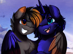 Size: 2979x2233 | Tagged: safe, artist:pridark, oc, oc only, alicorn, pegasus, pony, alicorn oc, bust, commission, high res, horn, hug, one eye closed, open mouth, pegasus oc, portrait, wings