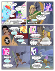 Size: 612x792 | Tagged: safe, artist:greatdinn, artist:newbiespud, edit, edited screencap, screencap, applejack, fluttershy, pinkie pie, rainbow dash, rarity, spike, twilight sparkle, alicorn, dragon, earth pony, human, pegasus, pony, unicorn, comic:friendship is dragons, g4, collaboration, comic, dialogue, female, friendship throne, mane seven, mane six, mare, screencap comic, twilight sparkle (alicorn)