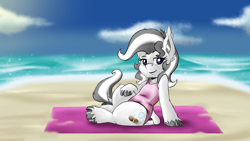 Size: 1920x1080 | Tagged: safe, artist:alazak, oc, oc only, oc:pearl, earth pony, pony, beach, clothes, one-piece swimsuit, solo, swimsuit