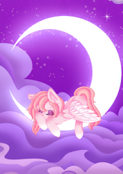 Size: 2480x3508 | Tagged: safe, artist:ebiruchan, oc, oc only, pegasus, pony, commission, crescent moon, high res, moon, pegasus oc, sleeping, sleeping on moon, solo, tangible heavenly object, transparent moon, wings