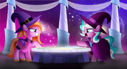Size: 5000x2722 | Tagged: safe, artist:jhayarr23, oc, oc only, oc:avid tempo, oc:serendipity, pony, unicorn, cloak, clothes, cosmic wizard, duo, female, glasses, hat, high res, looking at each other, looking at someone, macro, male, mare, pointing, pony bigger than a planet, stallion, witch hat, wizard, wizard hat, wizard robe
