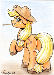 Size: 1490x2062 | Tagged: safe, artist:dandy, applejack, earth pony, pony, applebutt, butt, colored pencil drawing, cowboy hat, eyebrows, eyebrows visible through hair, female, grin, hair tie, hat, looking at you, looking back, looking back at you, mare, muddy hooves, plot, ponytail, raised hoof, smiling, smiling at you, solo, straw in mouth, traditional art