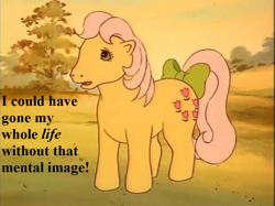 Size: 961x720 | Tagged: safe, edit, edited screencap, editor:korora, screencap, posey, g1, my little pony 'n friends, the magic coins, bow, reaction image, speech, tail, tail bow, talking, text, too much information, tree