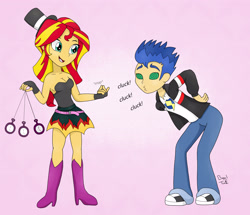 Size: 2970x2550 | Tagged: safe, artist:bageloftime, flash sentry, sunset shimmer, equestria girls, g4, behaving like a chicken, breasts, clothes, dress, duo, female, finger snap, hat, high res, hypnosis, hypnotist, male, pendulum swing, pocket watch, ship:flashimmer, shipping, straight, swirly eyes