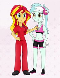 Size: 1980x2550 | Tagged: safe, artist:bageloftime, lyra heartstrings, sunset shimmer, equestria girls, g4, checkup, clothes, duo, scrubs (gear), shorts, sports bra, sports shorts, stethoscope