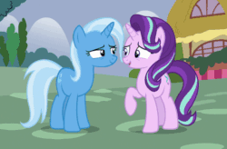 Size: 640x421 | Tagged: safe, screencap, starlight glimmer, trixie, pony, unicorn, all bottled up, g4, season 7, animated, cute, daaaaaaaaaaaw, diatrixes, duo, duo female, eye contact, female, gif, glimmerbetes, hooves, horn, hug, looking at each other, looking at someone, mare, open mouth, open smile, outdoors, raised hoof, shadow, smiling, smiling at each other, standing, tail, two toned mane, two toned tail, walking
