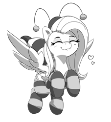 Size: 3099x3418 | Tagged: safe, artist:pabbley, fluttershy, pegasus, pony, g4, animal costume, bee costume, black and white, clothes, costume, cute, eyes closed, female, floating heart, flutterbee, flying, grayscale, heart, high res, mare, monochrome, shyabetes, simple background, smiling, socks, solo, spread wings, stockings, striped socks, thigh highs, white background, wings