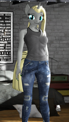 Size: 1080x1920 | Tagged: safe, artist:backmaker, oc, oc:dejavecu, unicorn, anthro, 3d, bed, birthday gift, clothes, day, gift art, jeans, pants, room, solo, source filmmaker, standing, tank top