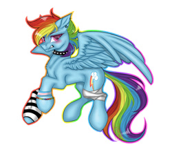 Size: 1024x902 | Tagged: safe, artist:dreamy-kitty, rainbow dash, pegasus, pony, g4, bandage, bracelet, choker, ear piercing, earring, jewelry, outline, piercing, pride, pride flag, simple background, solo, spiked choker, transgender pride flag, white background