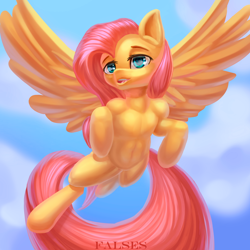 Size: 2000x2000 | Tagged: safe, artist:falses, fluttershy, pegasus, semi-anthro, g4, adorasexy, arm hooves, cloud, cute, daaaaaaaaaaaw, digital art, eyes open, fangs, female, high res, legs, mare, open mouth, sexy, shading, shyabetes, simple background, sky, solo, spread wings, thighs, wings