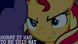 Size: 1280x720 | Tagged: safe, edit, edited screencap, editor:quoterific, screencap, sunset shimmer, twilight sparkle, alicorn, pony, unicorn, equestria girls, g4, my little pony equestria girls, female, mare, smiling, twilight sparkle (alicorn)