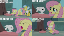 Size: 1280x720 | Tagged: safe, edit, edited screencap, editor:quoterific, screencap, angel bunny, doctor fauna, fluttershy, earth pony, pegasus, pony, rabbit, season 9, she talks to angel, animal, body swap, eyes closed, female, floppy ears, male, mare, open mouth, smiling