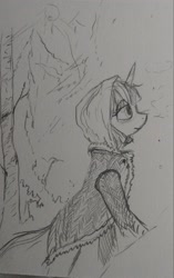 Size: 1290x2048 | Tagged: safe, artist:pony quarantine, oc, oc only, pony, unicorn, clothes, coat, female, grayscale, mare, monochrome, pencil drawing, sketch, snow, solo, traditional art