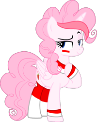 Size: 1442x1799 | Tagged: safe, artist:tanahgrogot, oc, oc only, oc:strawberries, alicorn, pony, 2022 community collab, derpibooru community collaboration, alicorn oc, base used, blue eyes, clothes, female, folded wings, full body, hoof on chest, horn, indonesia, indonesian, lidded eyes, looking at you, mare, medibang paint, not pinkie pie, pink tail, raised eyebrow, show accurate, simple background, smiling, socks, solo, standing, tail, three quarter view, transparent background, two toned mane, wide eyes, wings