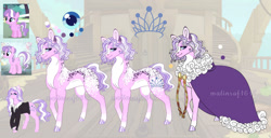 Size: 1280x656 | Tagged: safe, artist:malinraf1615, diamond tiara, earth pony, pony, g4, clothes, coat markings, dappled, dress, female, mare, older, reference sheet, solo