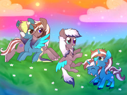 Size: 2592x1944 | Tagged: safe, artist:kaikururu, oc, oc only, pegasus, pony, unicorn, colored wings, eyepatch, eyes closed, grass, grin, horn, outdoors, pegasus oc, smiling, two toned wings, unicorn oc, unshorn fetlocks, wings