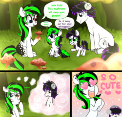 Size: 1362x1296 | Tagged: safe, artist:kaikururu, oc, oc only, earth pony, pony, bust, colt, cute, daydream, dialogue, earth pony oc, female, filly, foal, heart eyes, heterochromia, hoof hold, male, mare, mushroom, ocbetes, outdoors, rule 63, smiling, stallion, thinking, thought bubble, wingding eyes