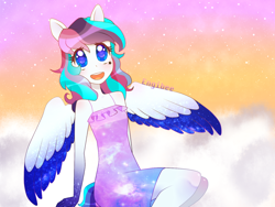 Size: 1400x1050 | Tagged: safe, artist:kaikururu, oc, oc only, pegasus, anthro, :d, clothes, cloud, colored wings, dress, female, on a cloud, open mouth, open smile, outdoors, pegasus oc, signature, sitting, smiling, solo, stars, two toned wings, wings