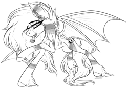 Size: 2793x1917 | Tagged: safe, artist:beamybutt, oc, oc only, bat pony, pony, bat pony oc, bat wings, ear fluff, forked tongue, hoof fluff, lineart, male, monochrome, raised hoof, simple background, stallion, white background, wings