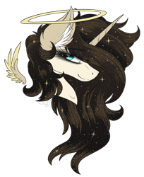Size: 2413x2961 | Tagged: safe, artist:beamybutt, oc, oc only, alicorn, pony, alicorn oc, bust, ear fluff, ethereal mane, female, floating wings, halo, high res, horn, mare, simple background, smiling, solo, starry mane, transparent background, wings