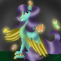Size: 1500x1500 | Tagged: safe, artist:teonnakatztkgs, oc, oc only, butterfly, pegasus, pony, chest fluff, colored wings, ethereal mane, grin, hoof polish, pegasus oc, smiling, solo, starry mane, two toned wings, wings
