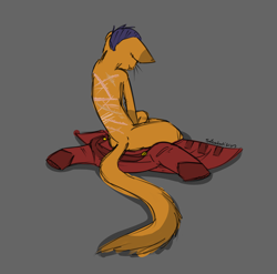 Size: 1200x1187 | Tagged: safe, artist:sateenkaarikyy, capper dapperpaws, abyssinian, g4, ass, butt, clothes, gray background, male, scar, simple background, sitting, solo