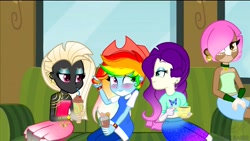 Size: 1280x720 | Tagged: safe, artist:teonnakatztkgs, edit, edited screencap, screencap, oc, oc only, equestria girls, g4, my little pony equestria girls: rainbow rocks, bald, base used, blushing, couch, drinking, hat, makeup, multicolored hair, rainbow hair, sitting