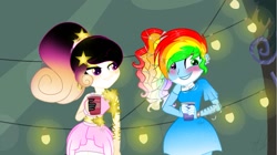 Size: 1437x807 | Tagged: safe, artist:teonnakatztkgs, edit, edited screencap, screencap, oc, oc only, equestria girls, g4, my little pony equestria girls: legend of everfree, base used, duo, multicolored hair, rainbow hair, smiling, smirk
