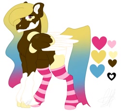 Size: 1500x1378 | Tagged: safe, artist:teonnakatztkgs, oc, oc only, pegasus, pony, clothes, heart, pansexual, pegasus oc, simple background, socks, solo, stockings, striped socks, thigh highs, white background