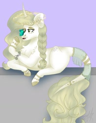 Size: 1119x1427 | Tagged: safe, artist:teonnakatztkgs, oc, oc only, butterfly, pony, unicorn, female, horn, lying down, mare, prone, solo, unicorn oc