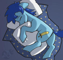 Size: 1174x1113 | Tagged: safe, alternate version, artist:tsswordy, oc, oc only, oc:swordy, earth pony, pony, butt, floppy ears, hug, male, pillow, pillow hug, plot, simple background, sleeping, solo