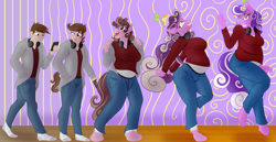 Size: 4853x2500 | Tagged: safe, artist:sixes&sevens, screwball, human, anthro, unguligrade anthro, g4, belly, cellphone, clothes, grin, hat, headphones, human to anthro, jacket, jeans, looking at you, male to female, pants, phone, propeller hat, rule 63, smiling, solo, sweater, transformation, transformation sequence, transgender transformation, waving, weight gain