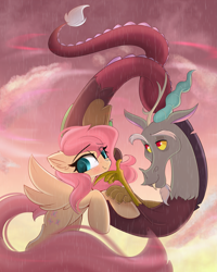 Size: 2875x3600 | Tagged: safe, artist:janelearts, discord, fluttershy, draconequus, pegasus, pony, g4, duo, eye clipping through hair, eyebrows, eyebrows visible through hair, female, heart eyes, high res, male, mare, rain, ship:discoshy, shipping, smiling, spread wings, straight, wingding eyes, wings