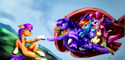 Size: 5980x2860 | Tagged: safe, artist:ktk's sky, applejack, fluttershy, pinkie pie, rainbow dash, rarity, sunny starscout, twilight sparkle, alicorn, earth pony, pegasus, pony, unicorn, g4, g5, my little pony: a new generation, absurd resolution, female, fine art parody, mane six, mare, sky, smiling, the creation of adam, twilight sparkle (alicorn), wings