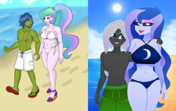 Size: 3180x2014 | Tagged: safe, artist:stubbornstallion, artist:xan-gelx, edit, princess celestia, princess luna, principal celestia, vice principal luna, oc, oc:night quill, oc:rally flag, equestria girls, age difference, arm behind back, beach, belly button, bikini, bikini bottom, bikini top, breasts, busty princess celestia, busty princess luna, canon x oc, clothes, cougar, couple, curvy, eyelashes, eyeshadow, feet, female, flip-flops, footprint, halter top, hand on shoulder, hand on waist, height difference, holding, holding hands, hourglass figure, larger female, lips, luill, makeup, male, midriff, partial nudity, principal, principal and student, rallylestia, sand, sandals, scar, sexy, shipping, shorts, siblings, sisters, size difference, straight, student, sun, swimming trunks, swimsuit, thighs, topless, water, wide hips