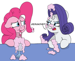Size: 1918x1554 | Tagged: safe, artist:doodledonutart, pinkie pie, rarity, earth pony, pony, unicorn, g4, blue eyes, comic, dialogue, duo, duo female, ears back, eye contact, female, german, hooves, horn, looking at each other, looking at someone, mare, milkshake, open mouth, pink mane, simple background, sneezing, white background