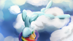 Size: 9600x5400 | Tagged: safe, artist:rainsketch, rainbow dash, pegasus, pony, g4, absurd file size, absurd resolution, cloud, hooves to the chest, lying down, on a cloud, on back, sleeping, sleeping on a cloud, solo