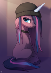 Size: 1050x1500 | Tagged: safe, artist:luminousdazzle, oc, oc only, pony, unicorn, g5, my little pony: a new generation, beanie, blue eyes, character design, choker, female, frown, grumpy, hat, looking back, mare, simple background, sitting, solo, unshorn fetlocks