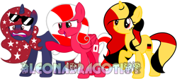 Size: 1600x715 | Tagged: safe, artist:jxst-bleo, oc, oc only, pegasus, pony, unicorn, eyelashes, female, folded wings, germany, hooves, horn, japan, mare, multicolored mane, multicolored tail, nation ponies, open mouth, open smile, pegasus oc, ponified, raised hoof, show accurate, shrunken pupils, simple background, smiling, standing, sunglasses, tail, transparent background, trio, two toned mane, two toned tail, unicorn oc, united states, watermark, wings