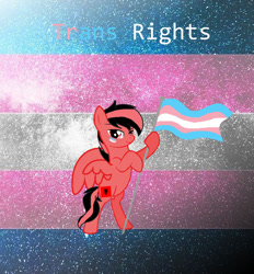 Size: 800x861 | Tagged: safe, artist:jxst-bleo, oc, oc only, pegasus, pony, albania, bipedal, flag, hoof hold, nation ponies, pegasus oc, ponified, pride, pride flag, smiling, solo, tail, transgender pride flag, two toned mane, two toned tail, wings