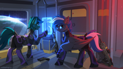 Size: 3500x1969 | Tagged: safe, artist:redchetgreen, oc, oc only, oc:cloud zapper, oc:poison trail, earth pony, pegasus, pony, duo, earth pony oc, eyebrows, eyebrows visible through hair, female, frown, gun, halo (series), high res, looking back, male, mare, open mouth, pegasus oc, planet, raised hoof, space, spaceship, stallion, stars, video game crossover, weapon