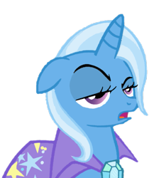 Size: 767x885 | Tagged: safe, artist:nitlynjane, derpibooru exclusive, edit, edited screencap, screencap, trixie, pony, unicorn, boast busters, g4, brooch, cape, clothes, female, floppy ears, frown, gem, horn, jewelry, lidded eyes, mare, not a vector, open mouth, simple background, solo, stars, transparent background, trixie is not amused, trixie's brooch, trixie's cape, unamused