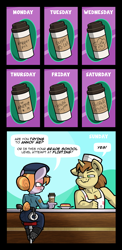 Size: 1402x2874 | Tagged: safe, artist:toonbat, copper top, donut joe, earth pony, unicorn, anthro, g4, blushing, coffee, coffee cup, commission, commissioner:frist, coppajoe, cup, female, flirting, male, police, police officer, pouting, shipping, smug, stool, straight, tsundere