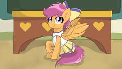 Size: 6324x3584 | Tagged: safe, artist:enviaart, scootaloo, pegasus, pony, g4, absurd resolution, bow, cheerleader, cheerleader outfit, clothes, cute, cutealoo, desk, female, hair bow, looking at you, raised hoof, sitting, smiling, smiling at you, solo, spread wings, wings